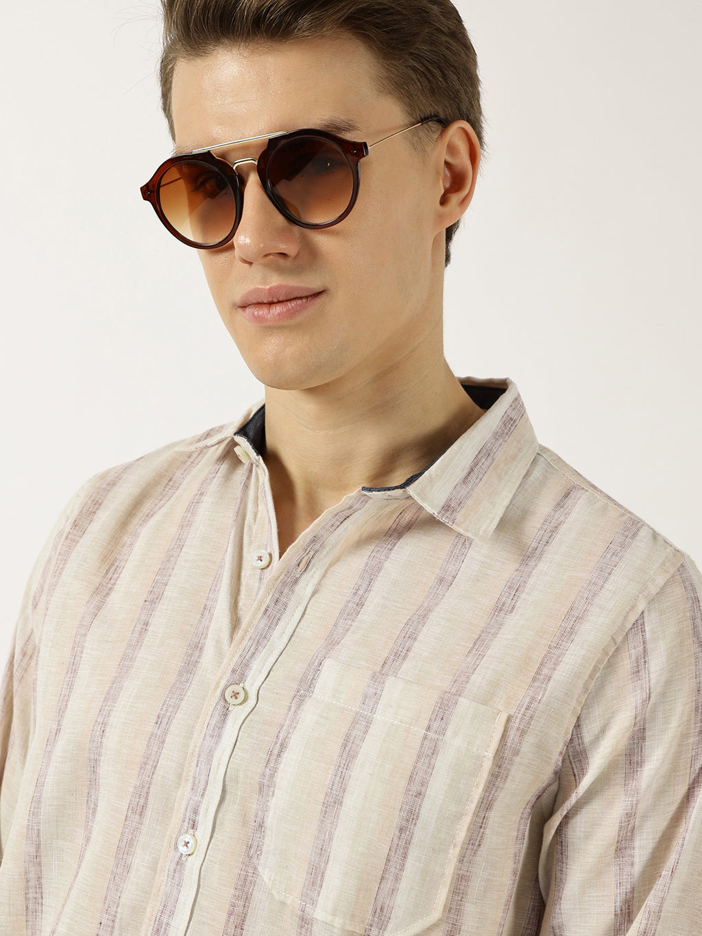Thomas Scott Men Khaki Classic Spread Collar Vertical Striped Linen Slim Fit Casual Shirt