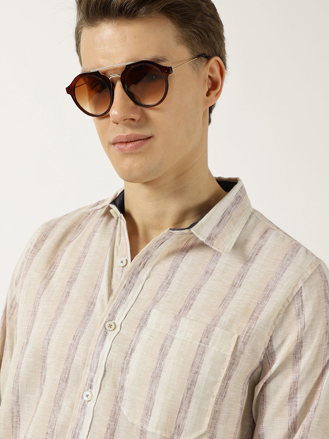 Thomas Scott Men Khaki Classic Spread Collar Vertical Striped Linen Slim Fit Casual Shirt