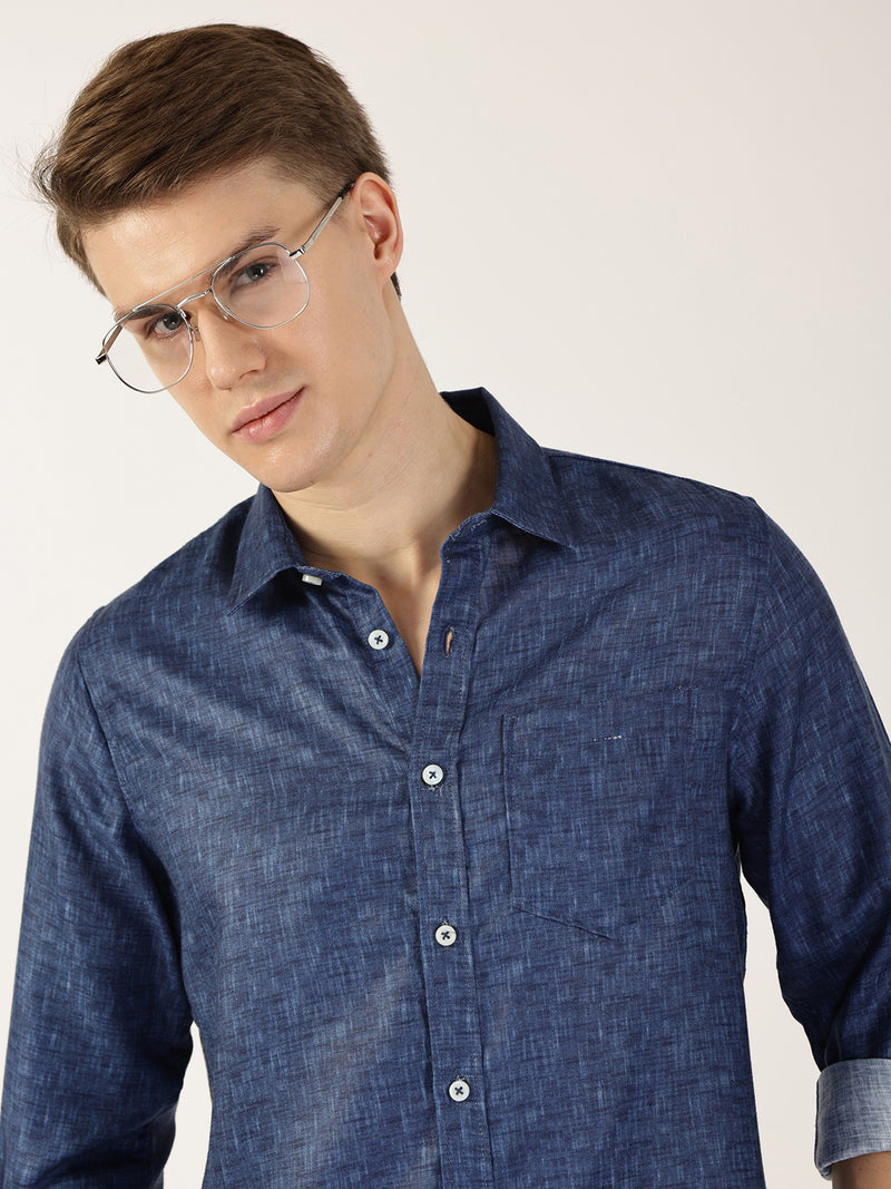Thomas Scott Men Dark Blue Premium Slim Fit Opaque Casual Shirt