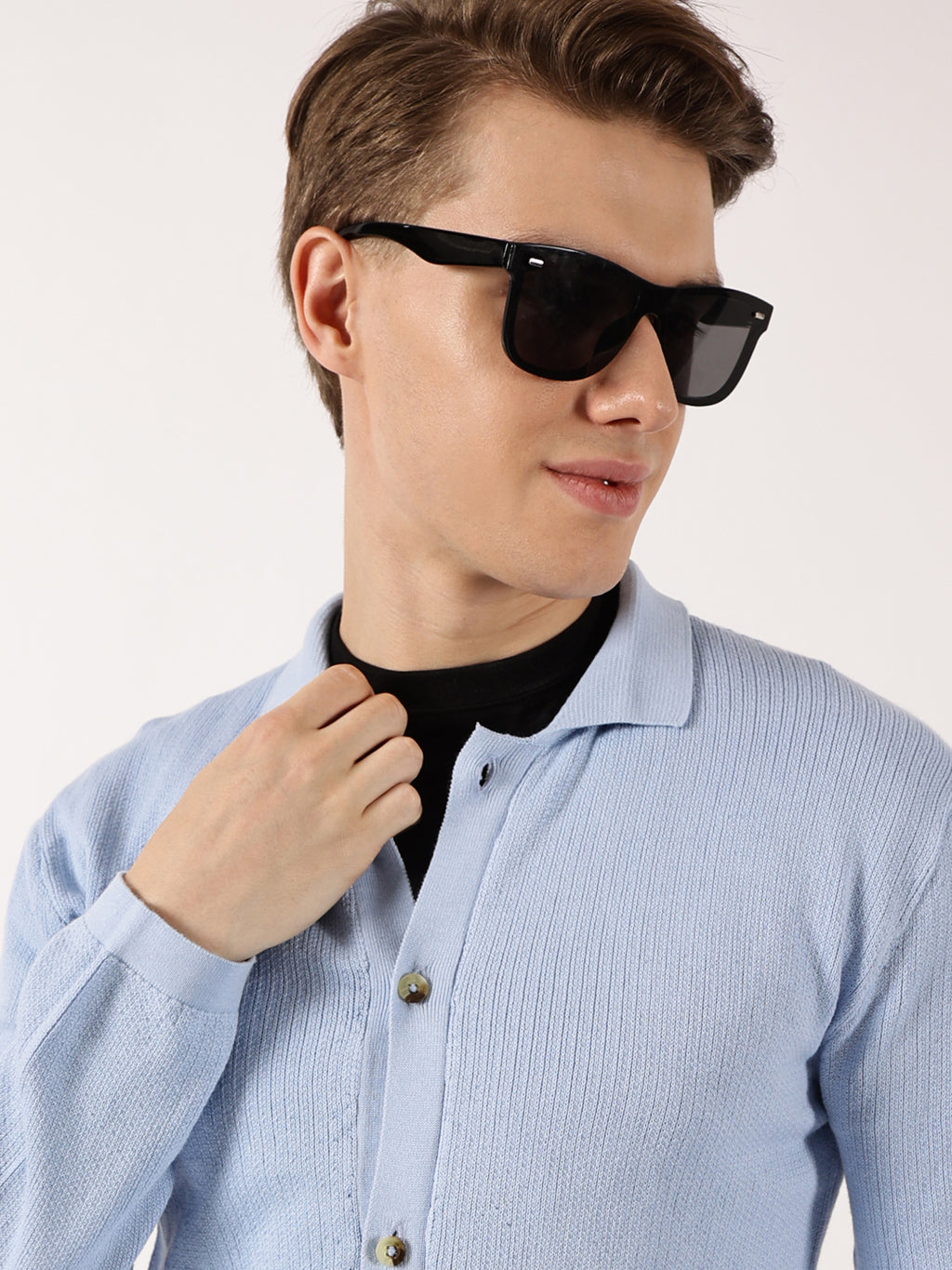 Thomas Scott Men Sky Blue Pure Cotton Ribbed Shirt Collar Cardigan Sweater
