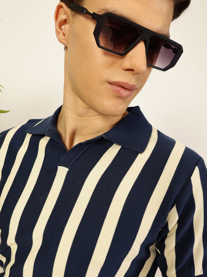 Thomas Scott Men Navy Blue Bio Finish Striped Polo Collar Cotton T-shirt