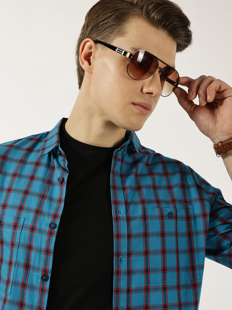 Thomas Scott Men Teal Classic Spread Collar Windowpane Checked Cotton Slim Fit Casual Shirt