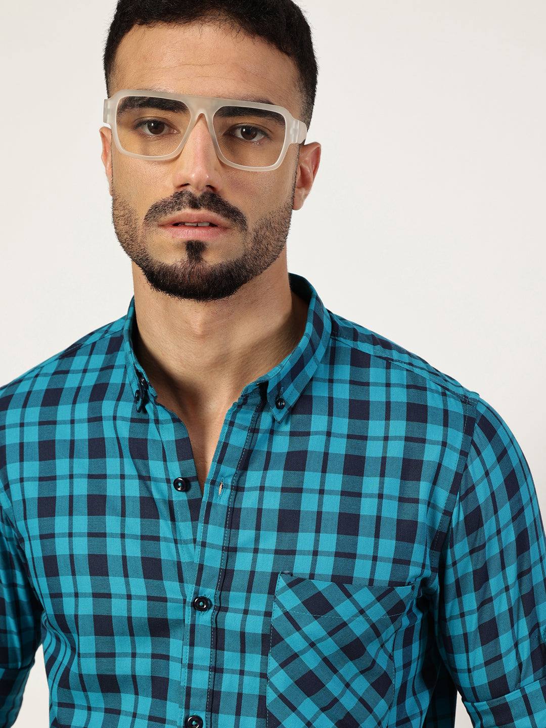 Thomas Scott Men Blue Premium Slim Fit Opaque Checked Casual Shirt