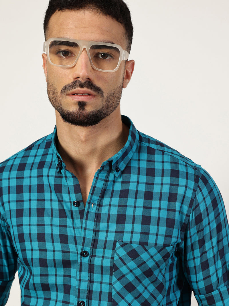 Thomas Scott Men Blue Premium Slim Fit Opaque Checked Casual Shirt