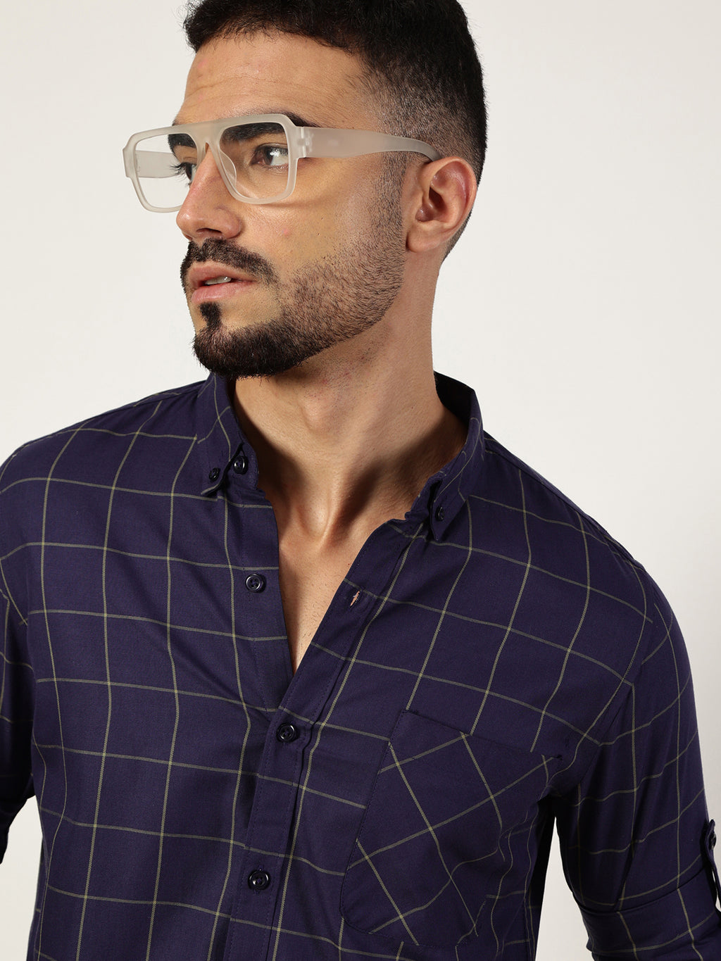 Thomas Scott Men Navy Blue Premium Slim Fit Opaque Checked Casual Shirt