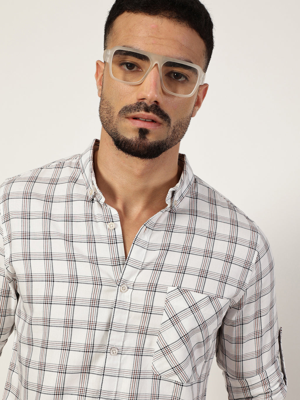Thomas Scott Men White1 Premium Slim Fit Opaque Checked Casual Shirt