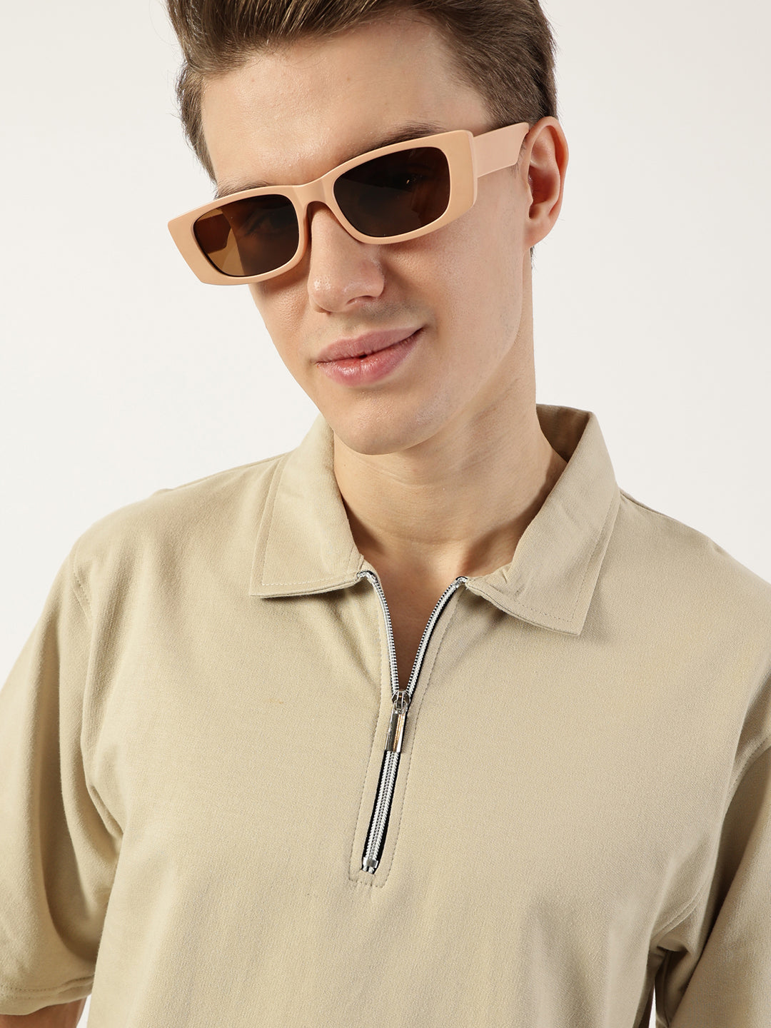 Thomas Scott Men Beige Polo Collar Bio Finish T-shirt