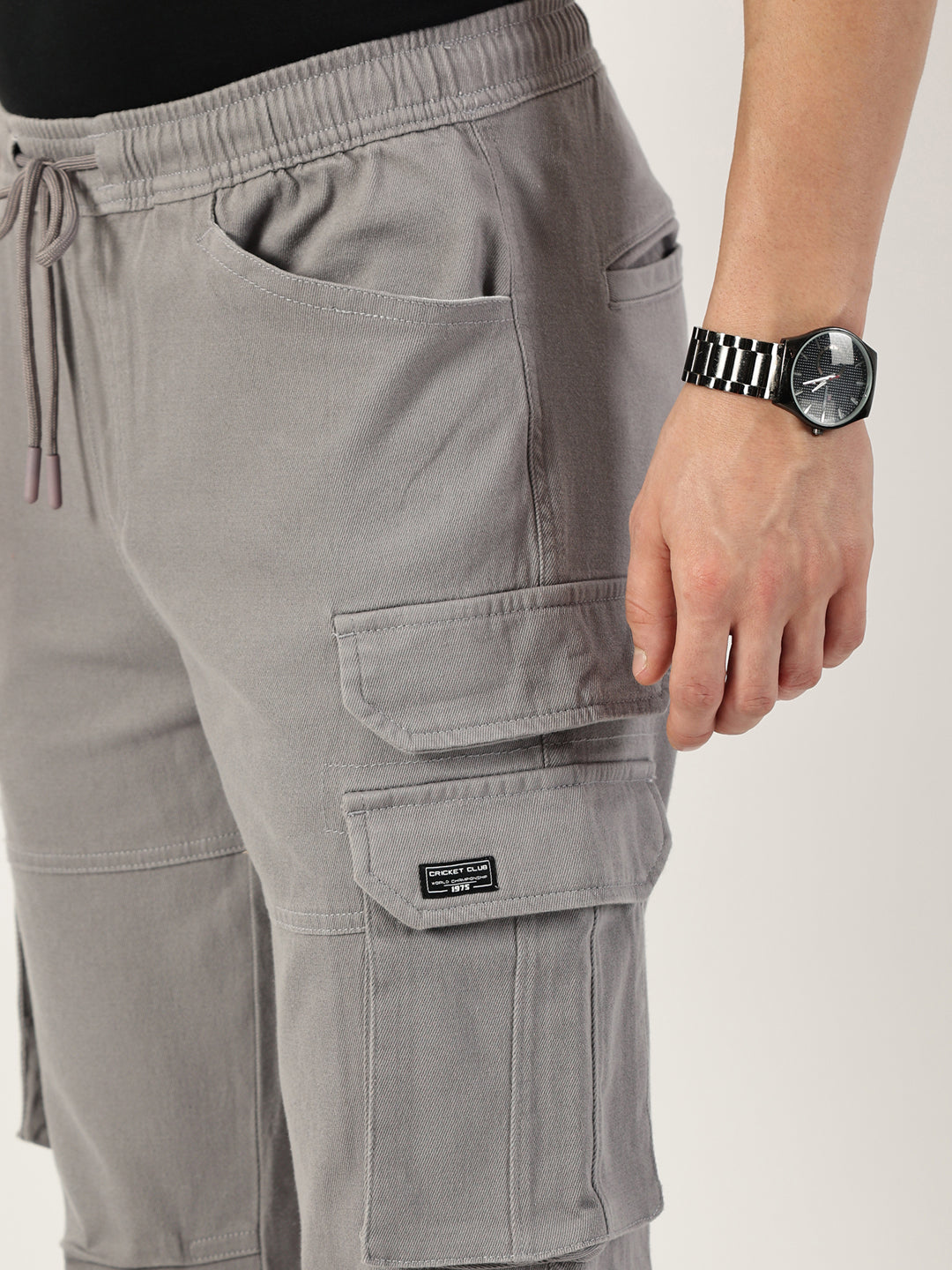 Thomas Scott Men Grey Relaxed Straight Fit Cargos Trousers