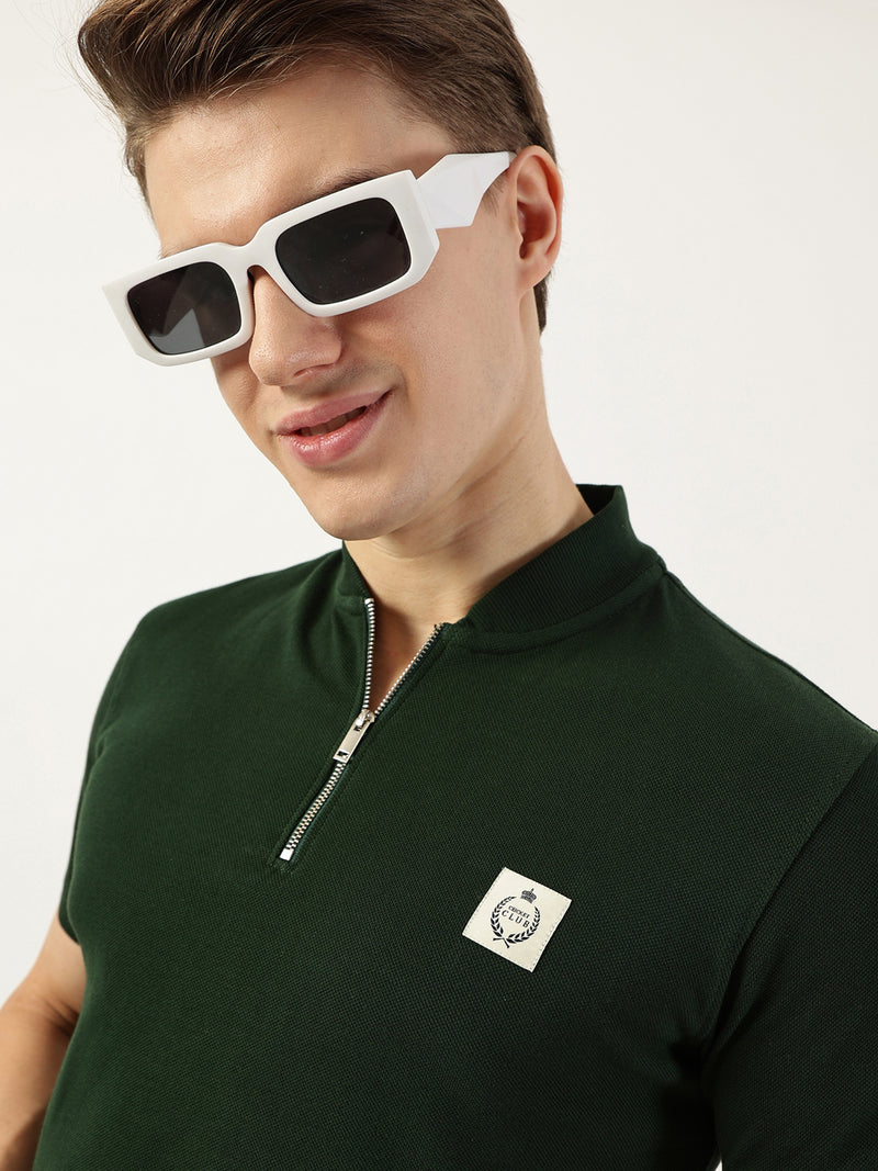 Thomas Scott Men Bottle Green Mandarin Collar T-shirt