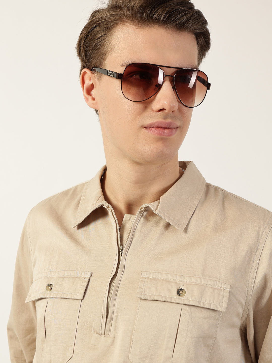 Thomas Scott Men Beige Classic Spread Collar Solid Cotton Casual Shirt