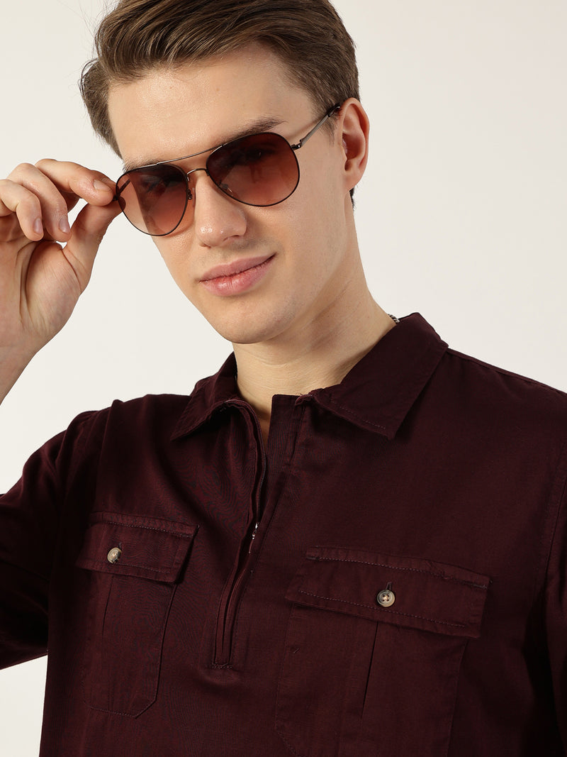 Thomas Scott Men Wine Classic Spread Collar Solid Cotton Casual Shirt