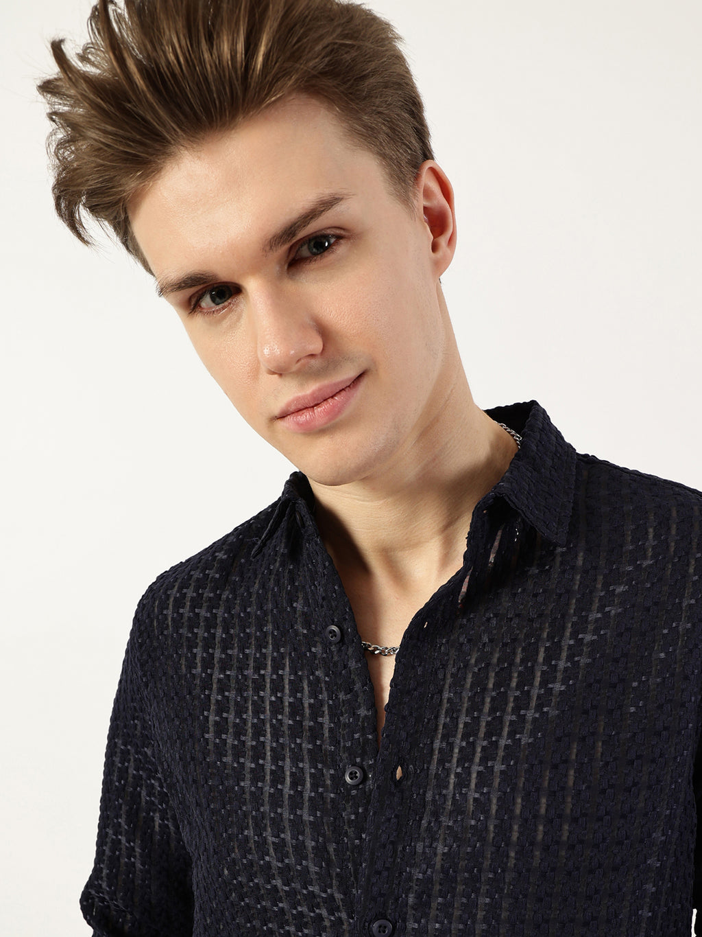 Thomas Scott Men Navy Premium Spread Collar Textured Solid Slim Fit Casual Shirt