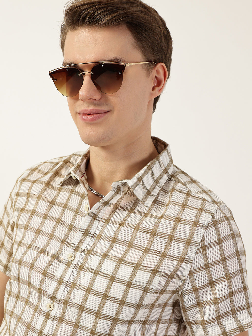 Thomas Scott Men Brown Premium Spread Collar Checked Linen Slim Fit Casual Shirt