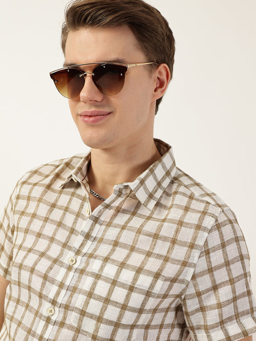 Thomas Scott Men Brown Premium Spread Collar Checked Linen Slim Fit Casual Shirt