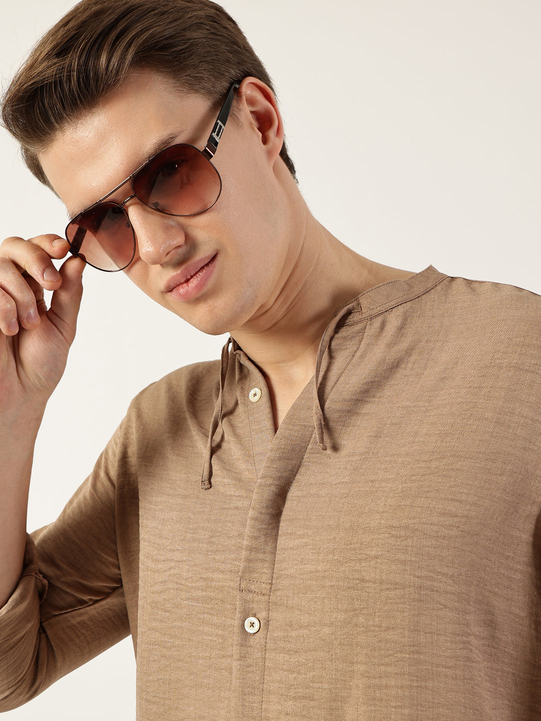 Thomas Scott Men Beige Classic Mandarin Collar Solid Slim Fit Casual Shirt