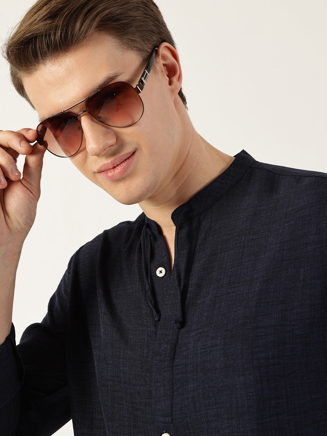 Thomas Scott Men Navy Classic Band Collar Textured Slim Fit Casual Shirt