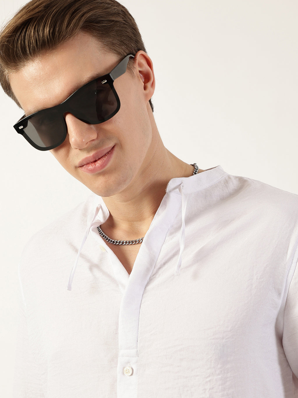 Thomas Scott Men White Classic Mandarin Collar Solid Slim Fit Casual Shirt