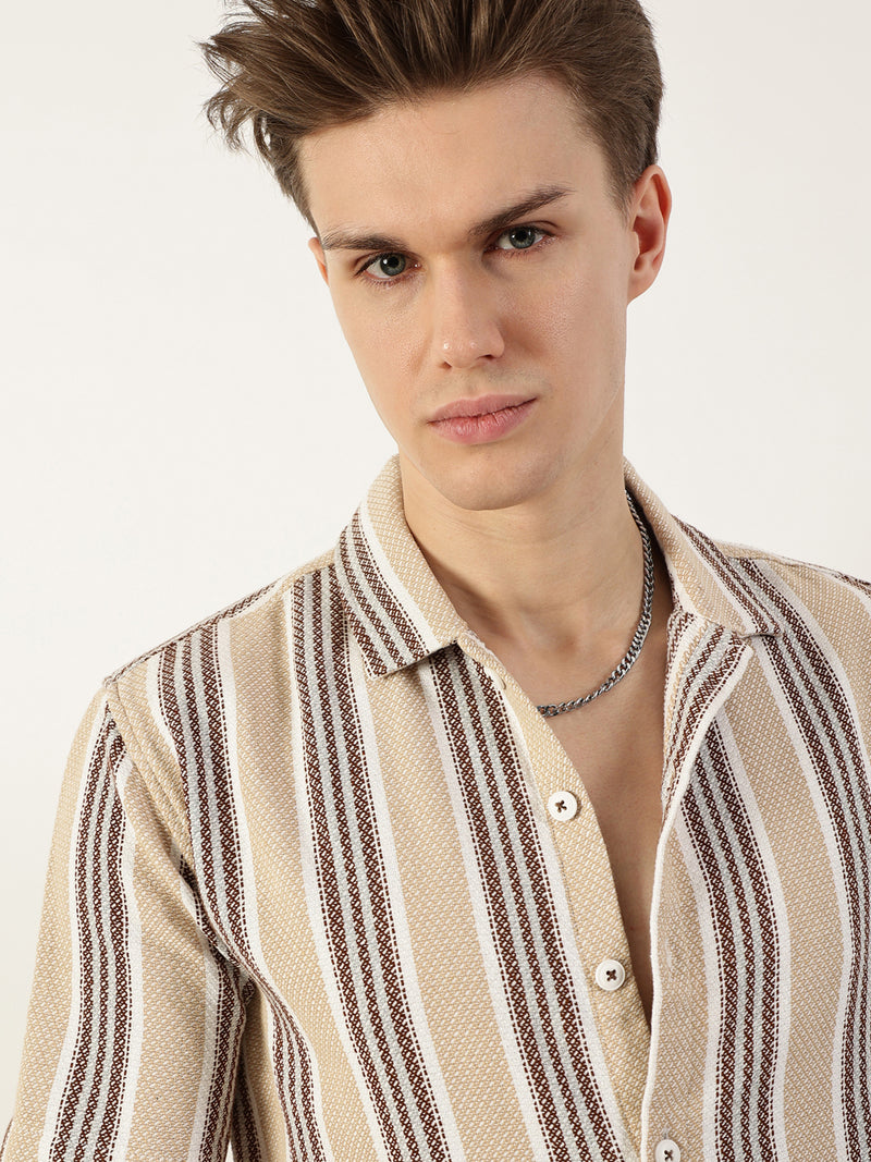 Thomas Scott Men Beige Premium Spread Collar Vertical Striped Cotton Oversized Casual Shirt