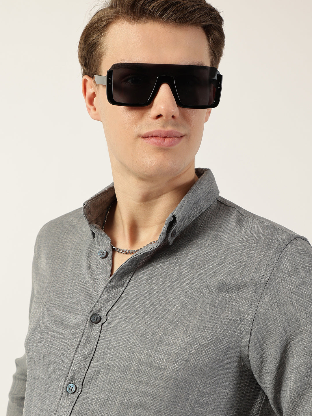 Thomas Scott Men Grey Classic Button-Down Collar Solid Slim Fit Casual Shirt