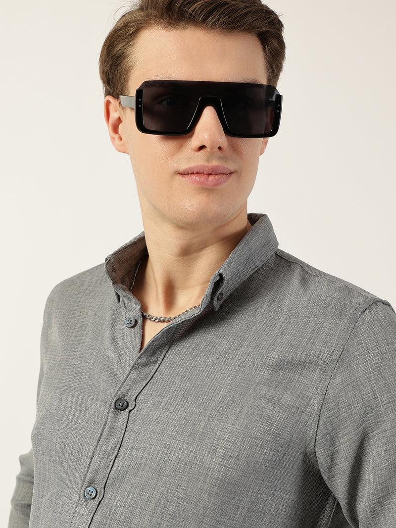 Thomas Scott Men Grey Classic Button-Down Collar Solid Slim Fit Casual Shirt