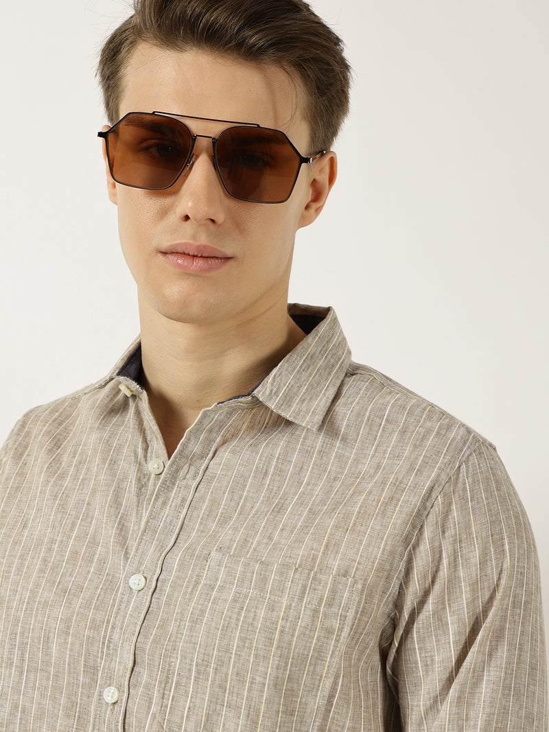 Thomas Scott Men Khaki Classic Slim Fit Opaque Striped Casual Shirt