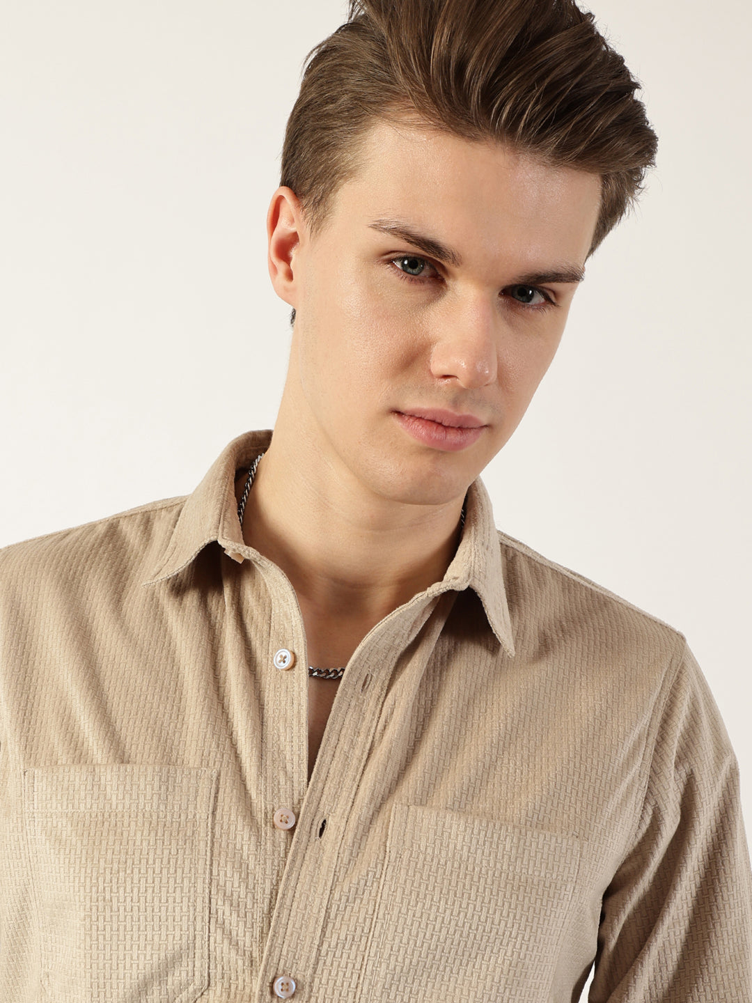 Thomas Scott Men Beige Classic Spread Collar Textured Solid Slim Fit Casual Shirt