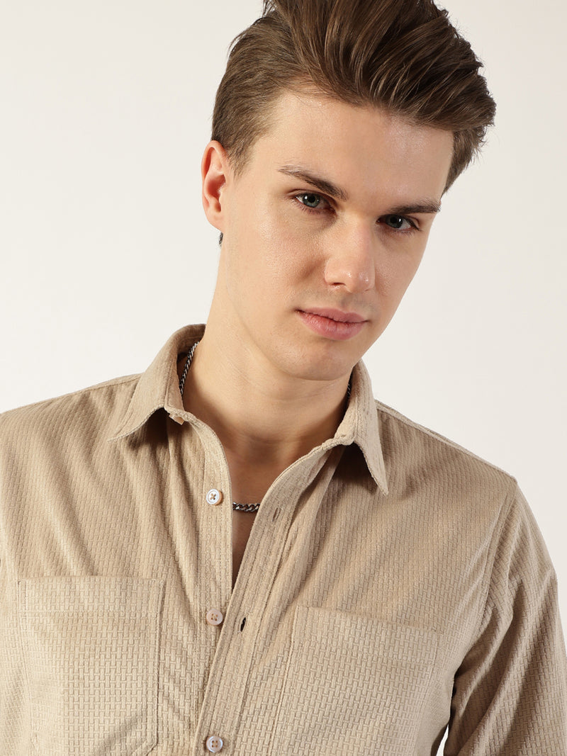 Thomas Scott Men Beige Classic Spread Collar Textured Solid Slim Fit Casual Shirt