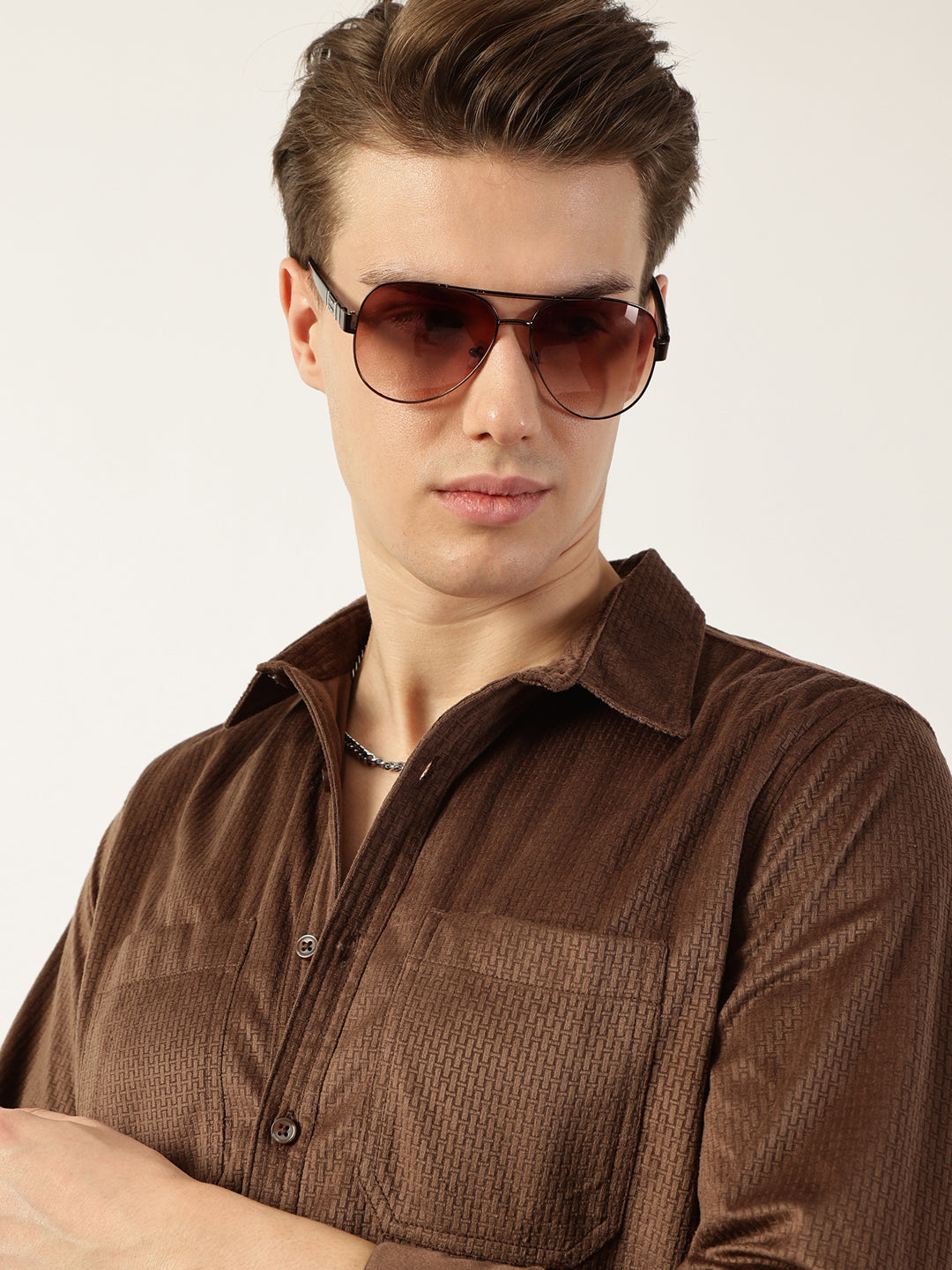 Thomas Scott Men Brown Classic Spread Collar Textured Solid Slim Fit Casual Shirt