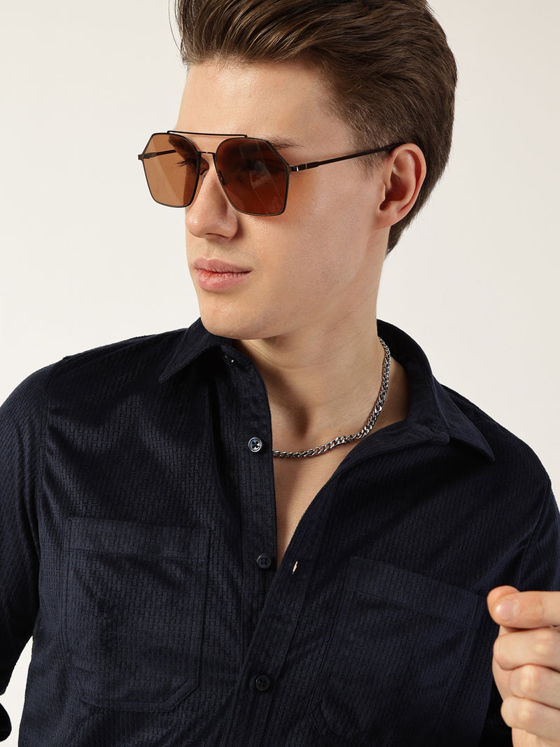 Thomas Scott Men Navy Classic Spread Collar Textured Slim Fit Casual Shirt