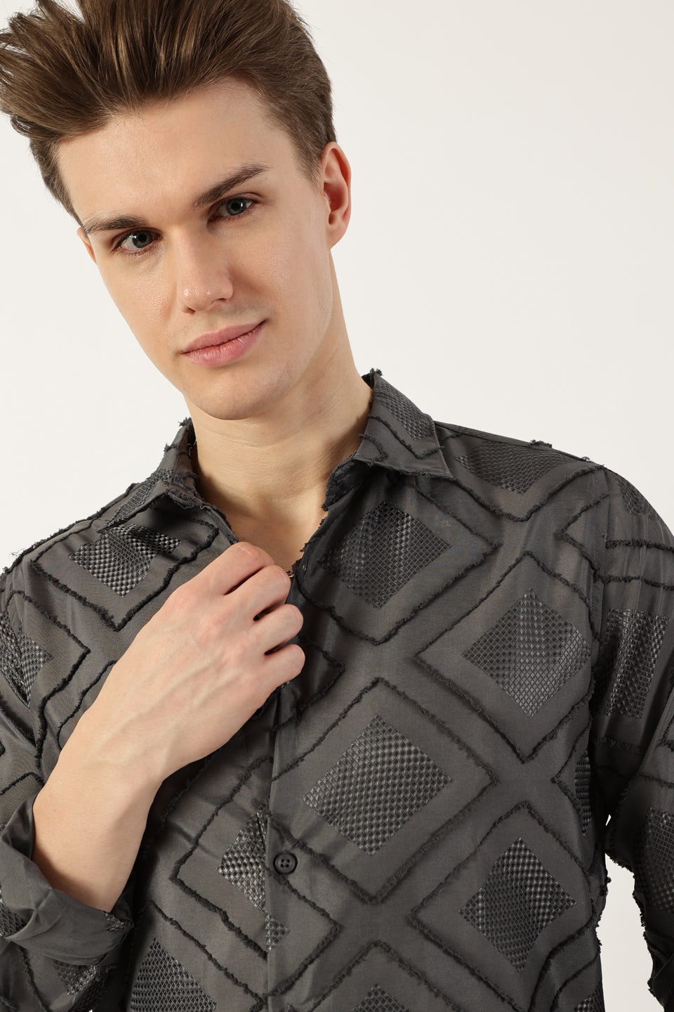 Thomas Scott Men Grey Premium Spread Collar Graphic Printed Slim Fit Casual Shirt