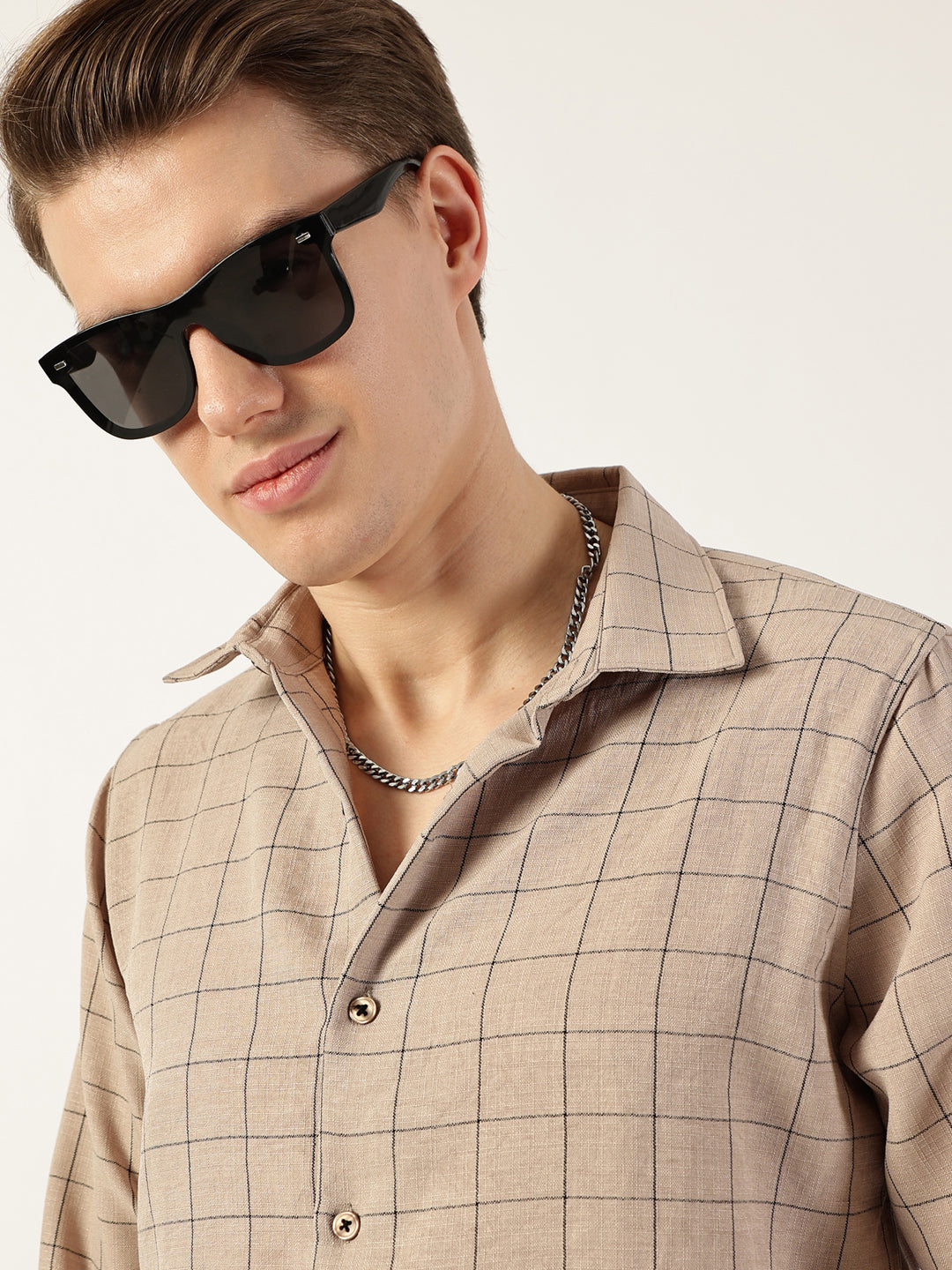 Thomas Scott Men Beige Smart Spread Collar Windowpane Checked Slim Fit Casual Shirt