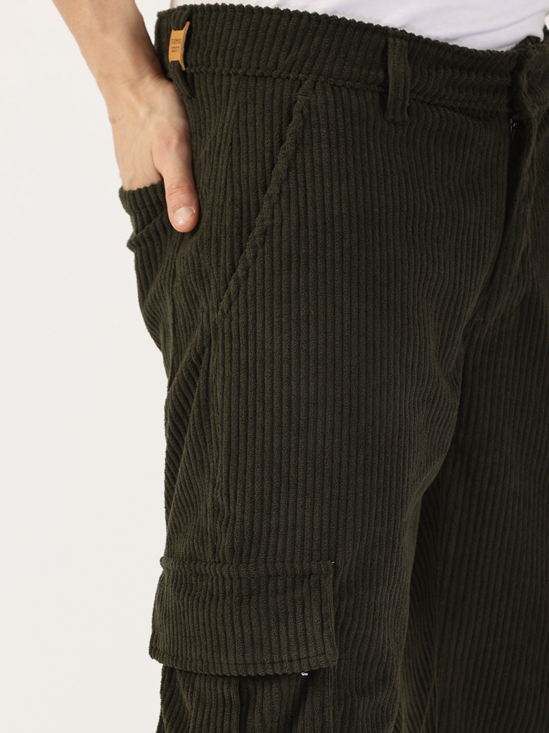 Thomas Scott Men Olive Striped Smart Cargos Trousers