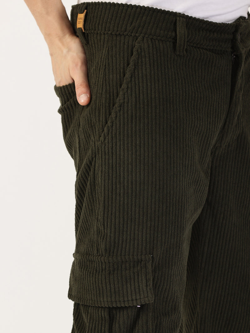 Thomas Scott Men Olive Striped Smart Cargos Trousers
