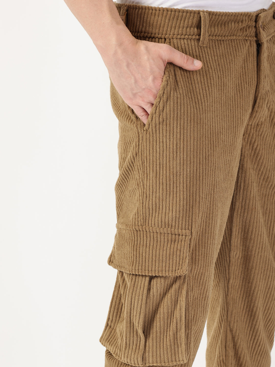 Thomas Scott Men Khaki Striped Smart Cargos Trousers
