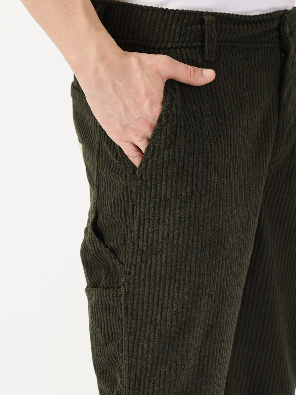 Thomas Scott Men Olive Striped Smart Cargos Trousers