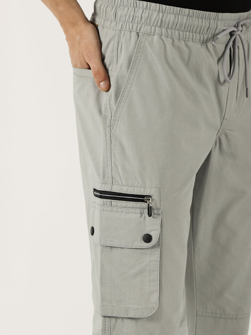 Thomas Scott Men Grey Cotton Smart Straight Fit Easy Wash Cargos Trousers