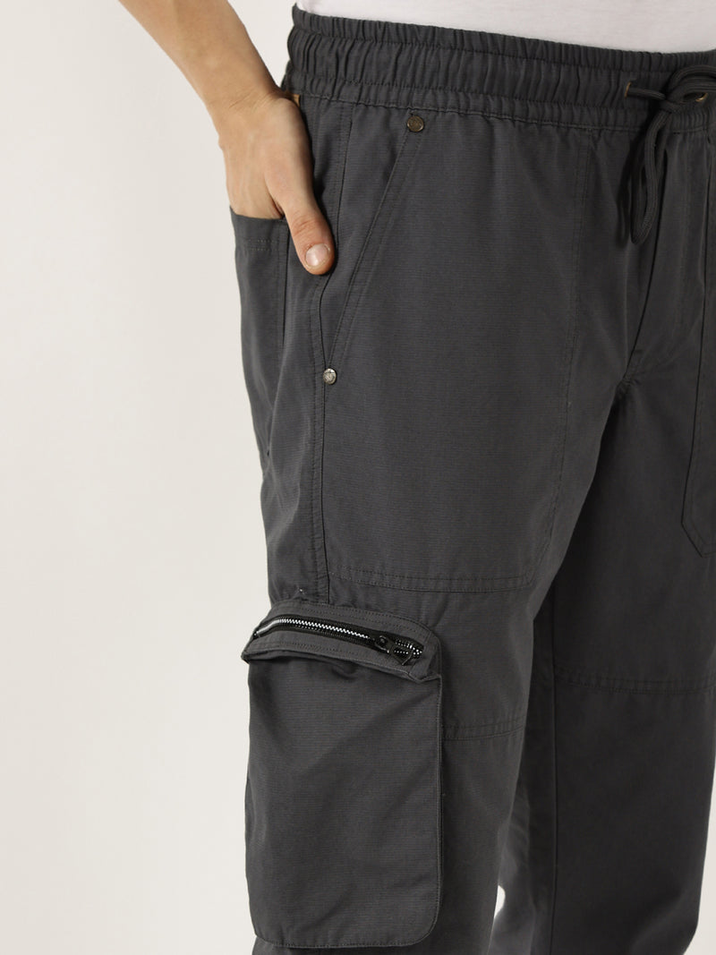Thomas Scott Men Grey Cotton Regular Fit Smart Easy Wash Cargos Trousers