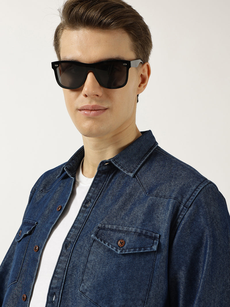 Thomas Scott Men Indigo Classic Spread Collar Faded Cotton Slim Fit Casual Shirt