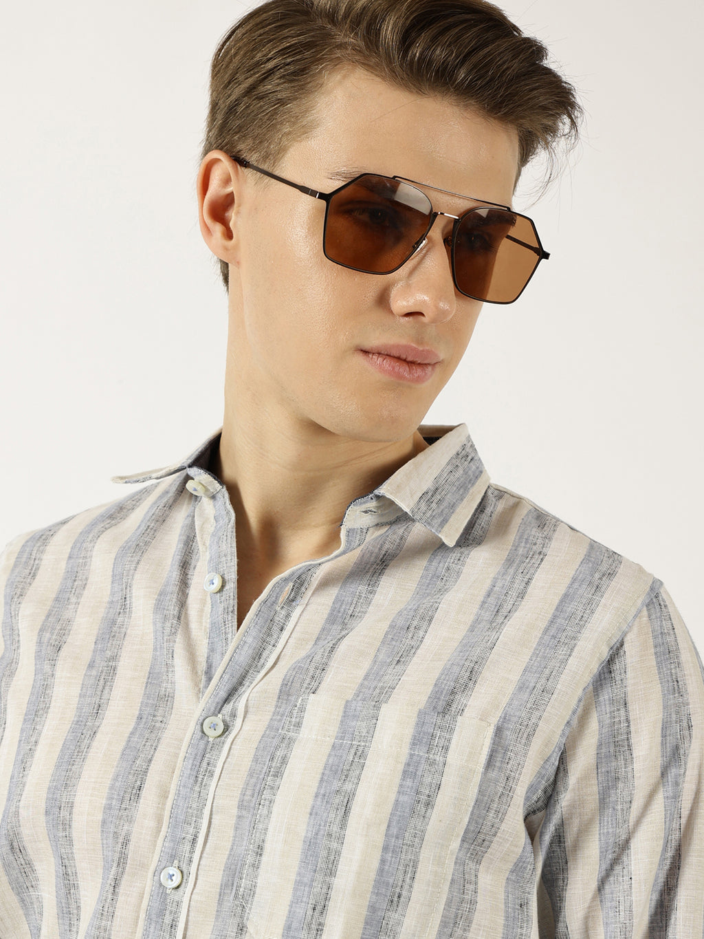 Thomas Scott Men Navy Classic Spread Collar Vertical Striped Linen Slim Fit Casual Shirt
