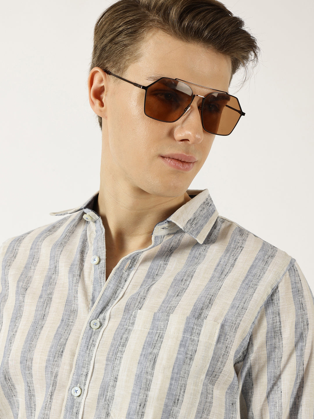 Thomas Scott Men Navy Classic Spread Collar Vertical Striped Linen Slim Fit Casual Shirt