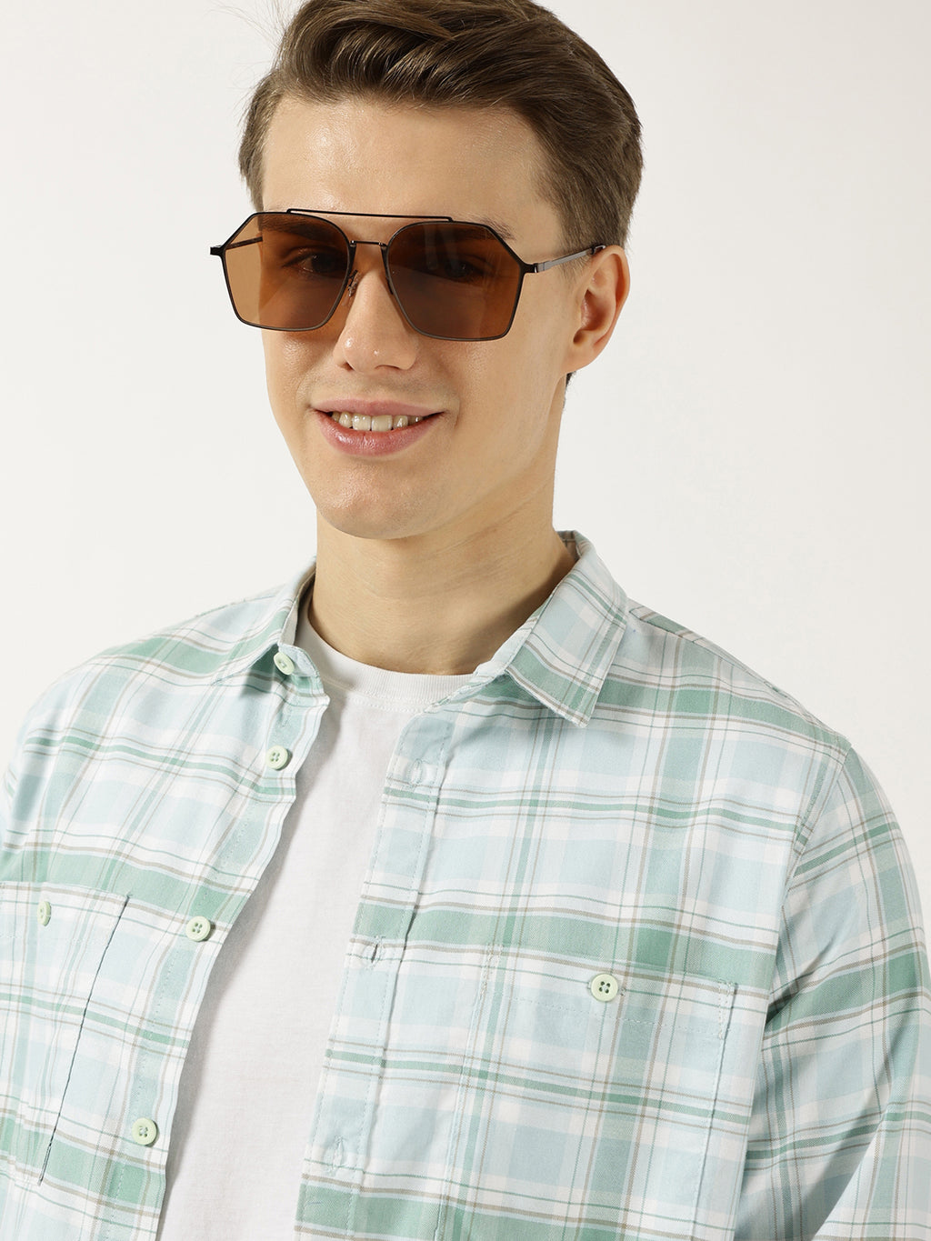 Thomas Scott Men Green Classic Spread Collar Tartan Checked Cotton Slim Fit Casual Shirt