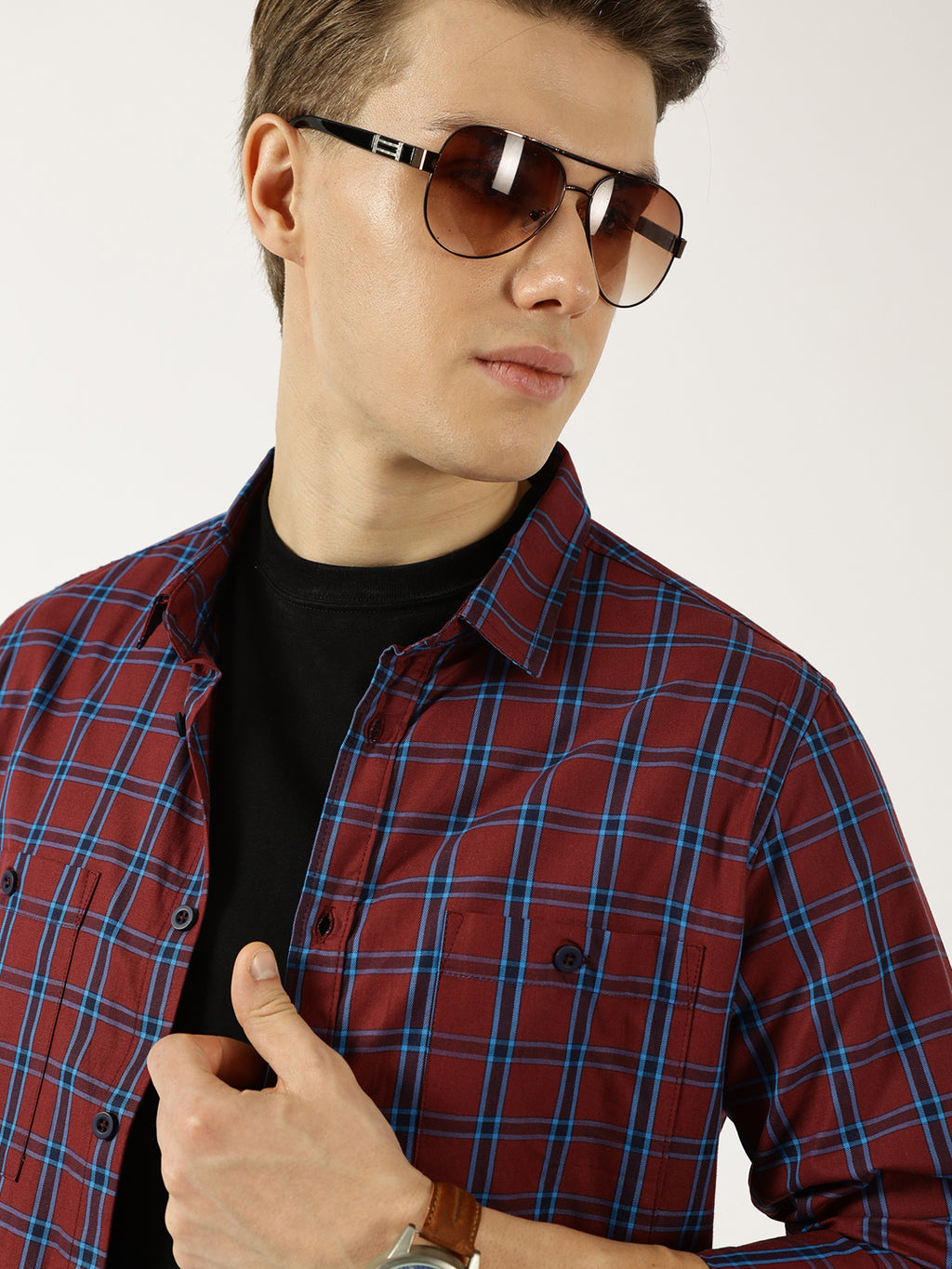 Thomas Scott Men Marron Classic Spread Collar Windowpane Checked Cotton Slim Fit Casual Shirt