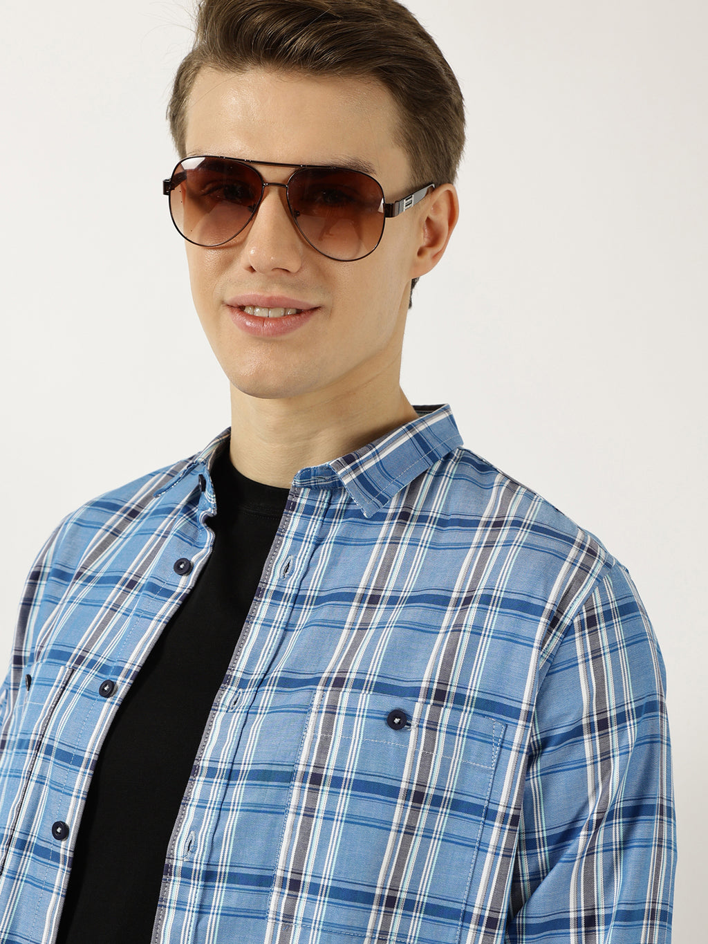 Thomas Scott Men Blue Classic Spread Collar Tartan Checked Cotton Slim Fit Casual Shirt