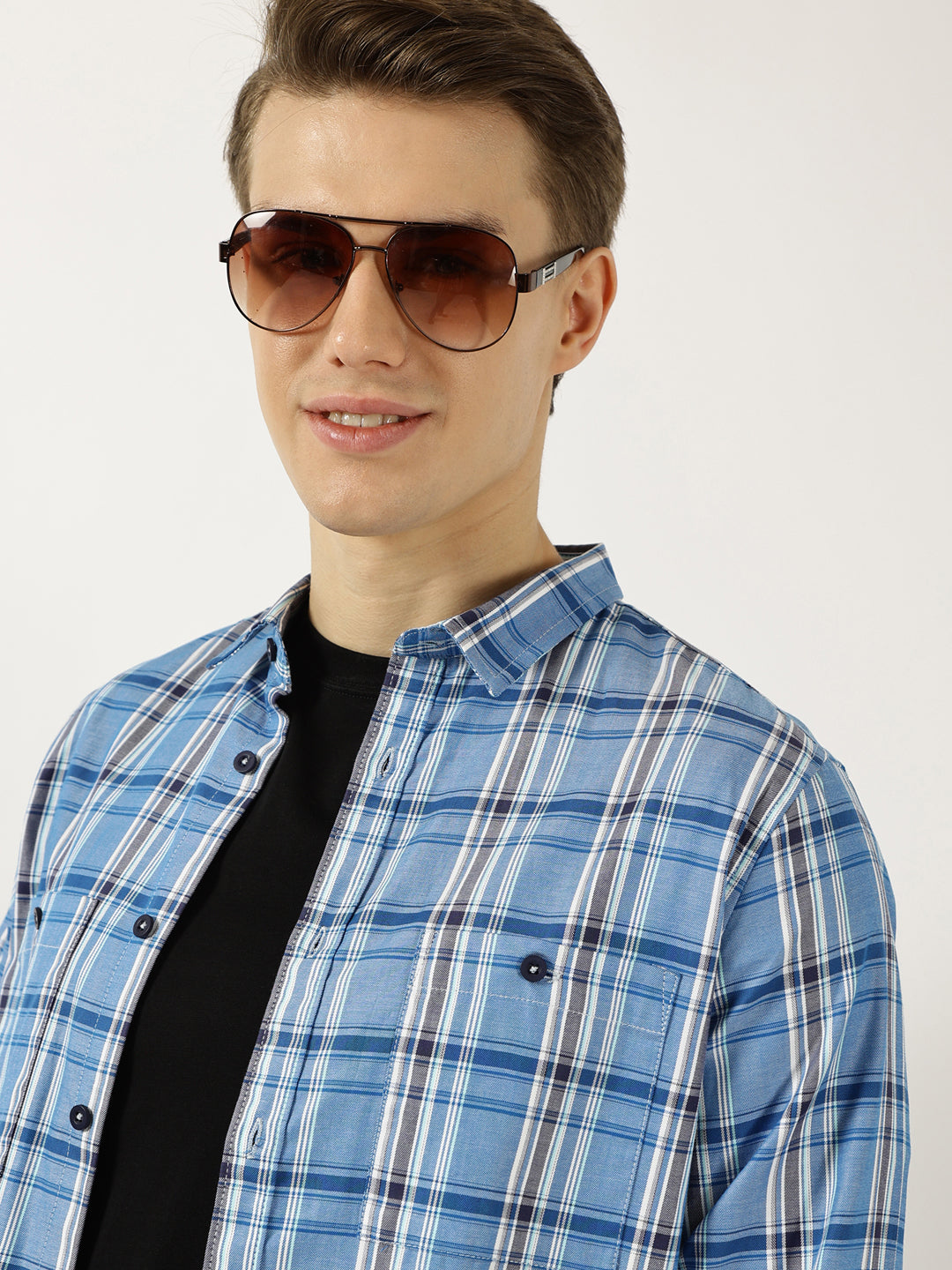 Thomas Scott Men Blue Classic Spread Collar Tartan Checked Cotton Slim Fit Casual Shirt