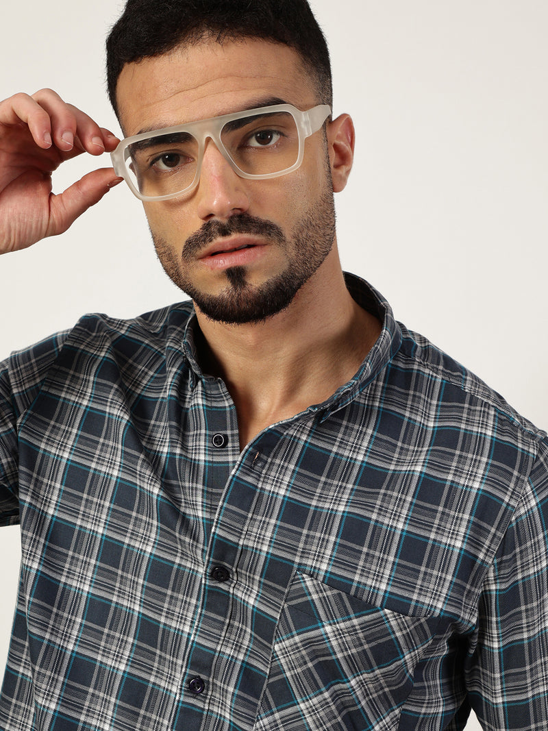 Thomas Scott Men Charcoal Premium Spread Collar Checked Cotton Slim Fit Casual Shirt