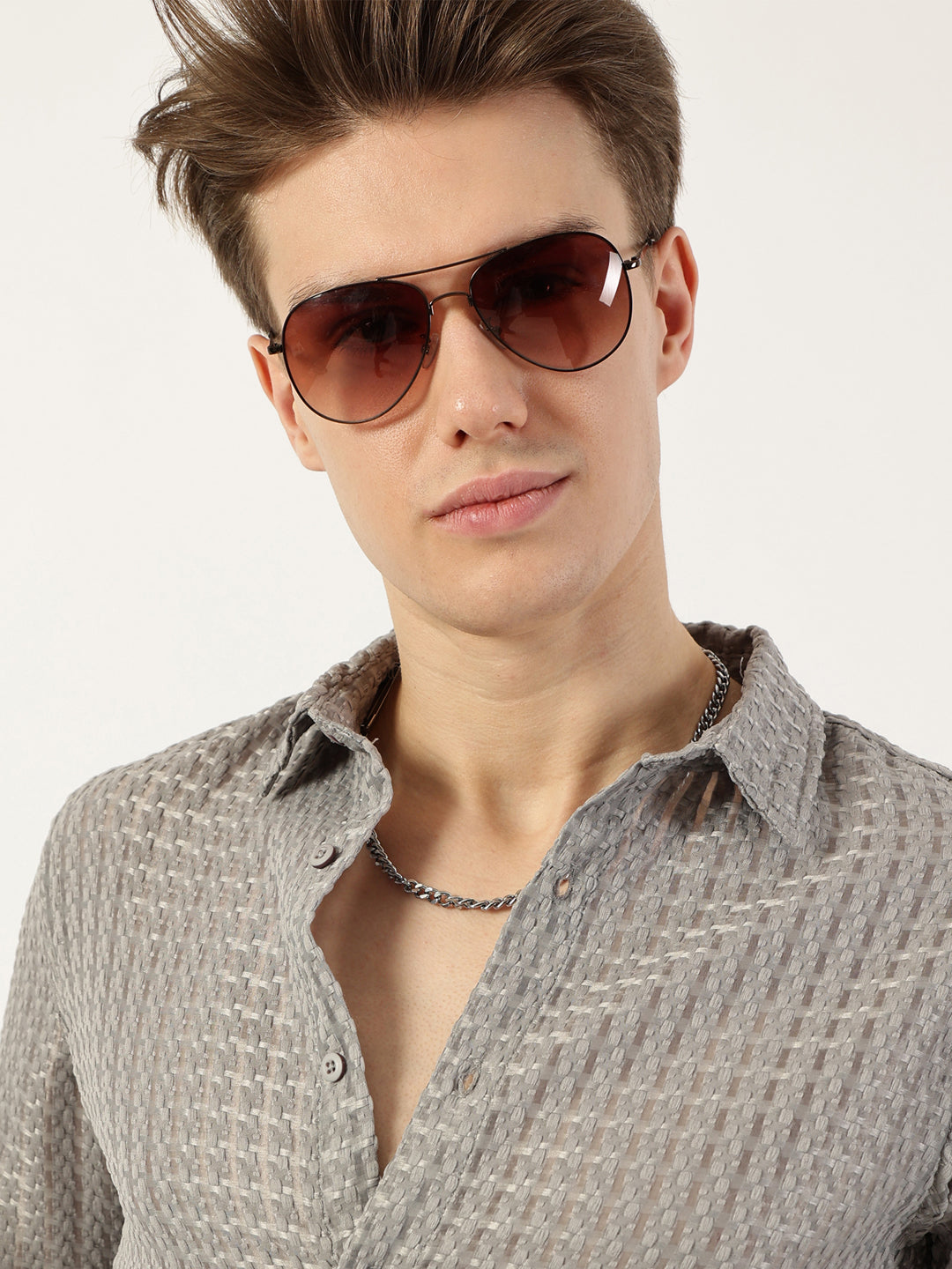 Thomas Scott Men Grey Premium Spread Collar Textured Solid Slim Fit Casual Shirt