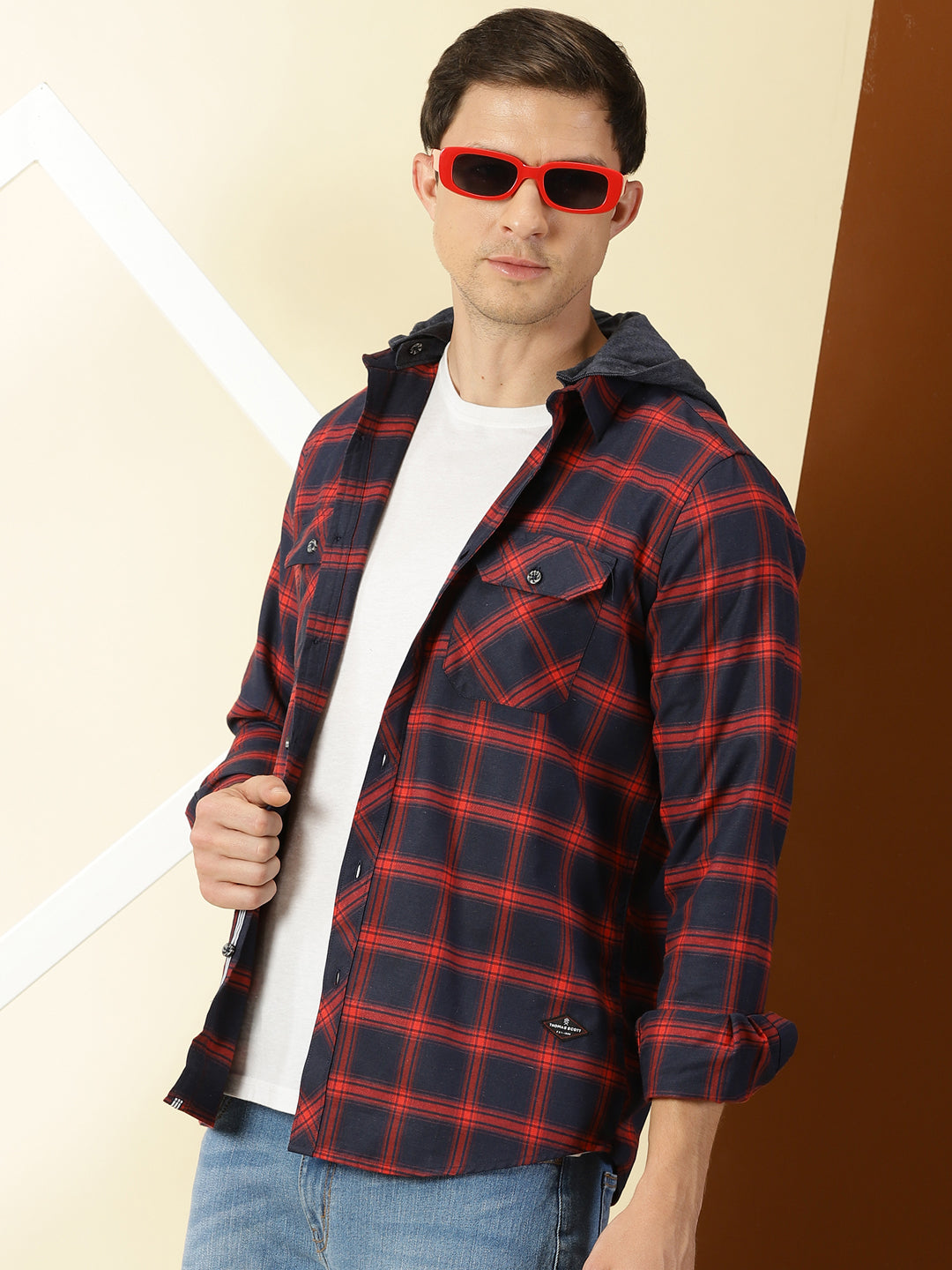 Thomas Scott Men Classic Hood Collar Tartan Checks Opaque Checked Casual Shirt