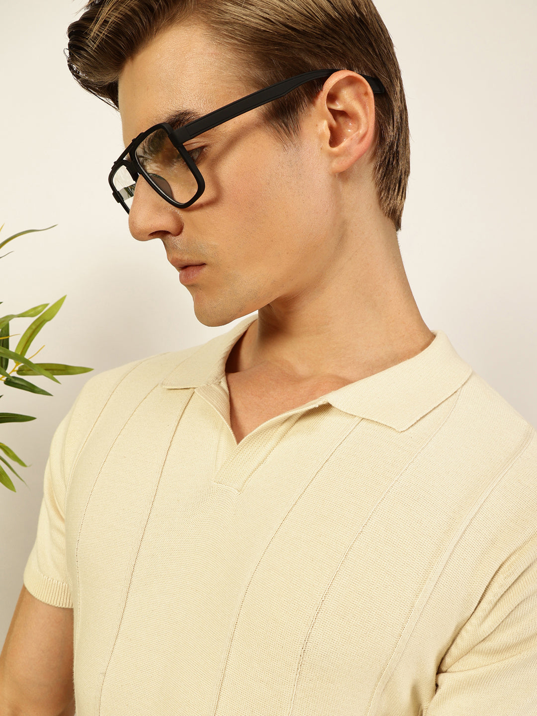 Thomas Scott Men Off White Knit Striped Polo Collar T-shirt