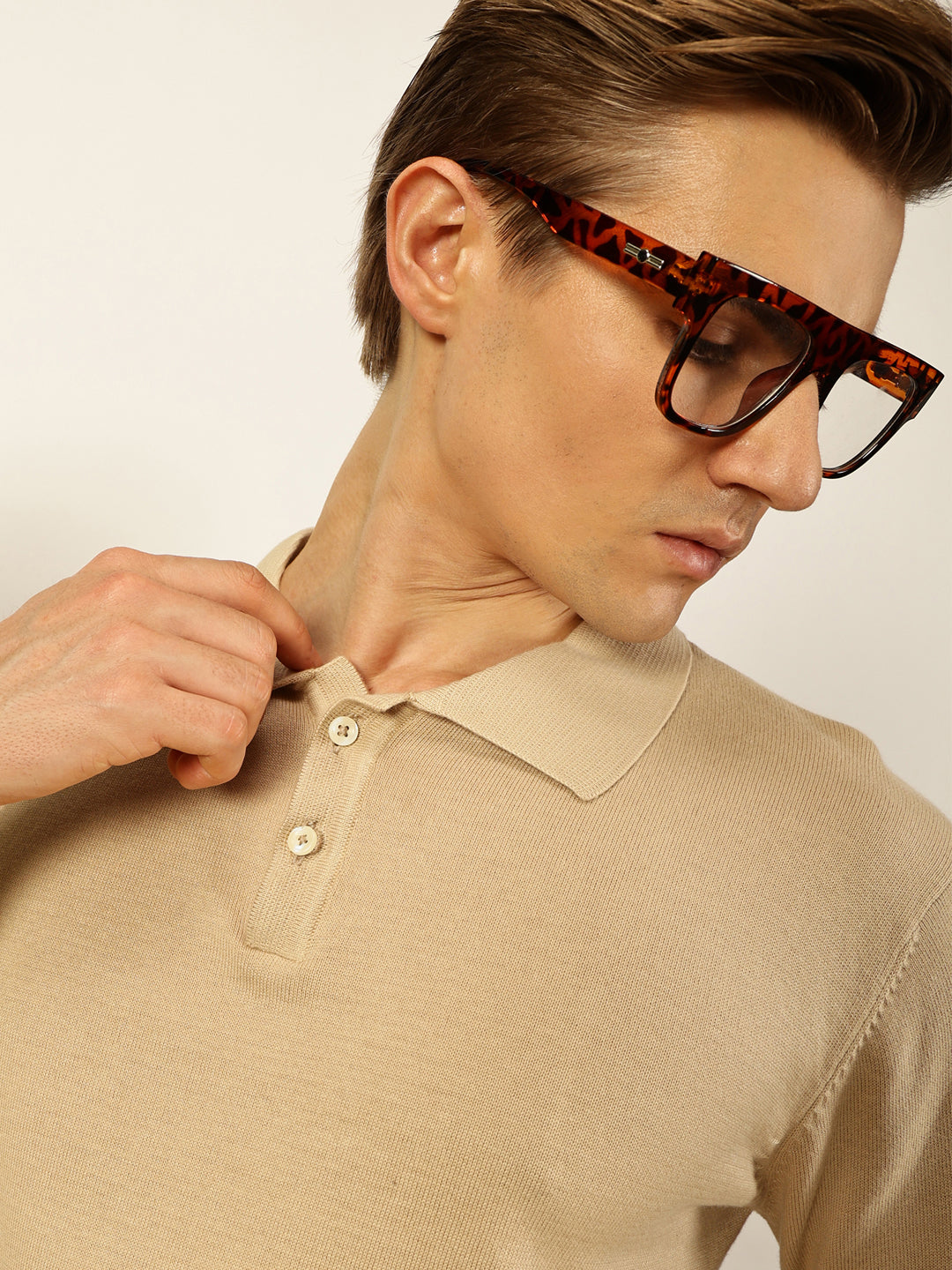 Thomas Scott Men Beige Knit Solid Polo Collar Cotton T-shirt