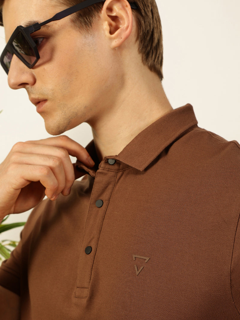Thomas Scott Men Brown Solid Polo Collar Cotton T-shirt